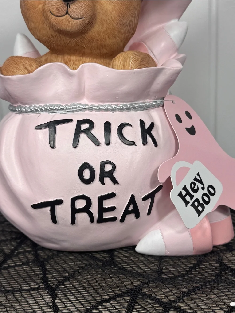 NEW Viral Hey Boo Teddy Bear in a Pink Trick-or-Treat Sack Halloween Figurine
